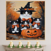 Enchanted Autumn Gathering: Tuxedo Cat Mom in Witch Hat with Three Kittens and Carved Pumpkin on Ready to Hang 1.5" Thick Canvas Wrap, Floating Framed Canvas, Flat Rolled Canvas